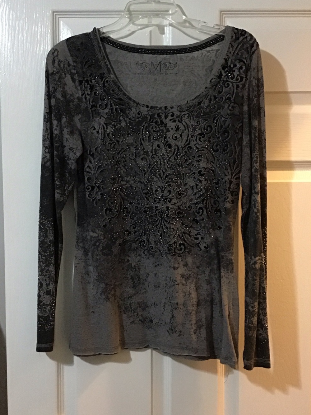 Maurices Gray Long Sleeve Scoop Neck Top with Embellished Front